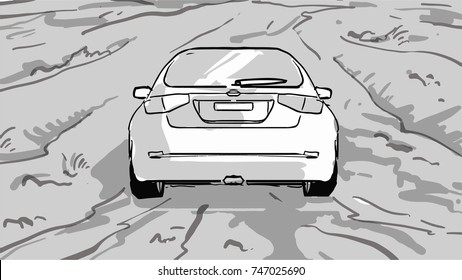 Off-road driving. The car is off-road back view. Black and white vector  sketch. Simple drawing.