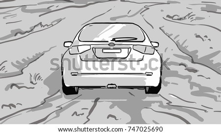 Off-road driving. The car is off-road back view. Black and white vector  sketch. Simple drawing.