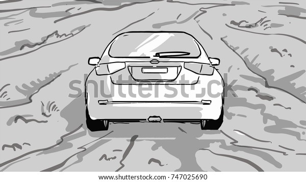 Off-road driving. The car is\
off-road back view. Black and white vector  sketch. Simple\
drawing.