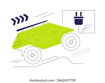 Ilustración vectorial abstracta del concepto de los vehículos eléctricos todoterreno. Coche todoterreno ecológico, vehículo eléctrico moderno en carretera, industria de la ecología, transporte industrial sostenible metáfora abstracta.