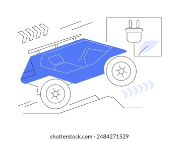 Ilustración vectorial abstracta del concepto de los vehículos eléctricos todoterreno. Coche todoterreno ecológico, vehículo eléctrico moderno en carretera, industria de la ecología, transporte industrial sostenible metáfora abstracta.