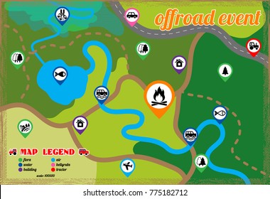 Offroad event and camping map icons set. Vector illustration.