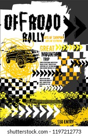 Off-road event portrait poster. Vector illustration in grunge style with hand drawn lettering. Portrait layout in black, yellow, white colours useful for placard or print design. Automotive concept.