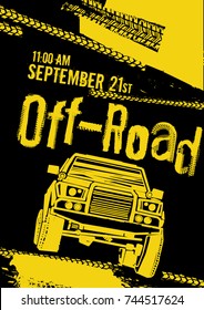 Off-road event poster. Vector illustration in modern style with hand drawn grunge lettering. Portrait layout in yellow and black colours useful for leaflet, placard or print design.