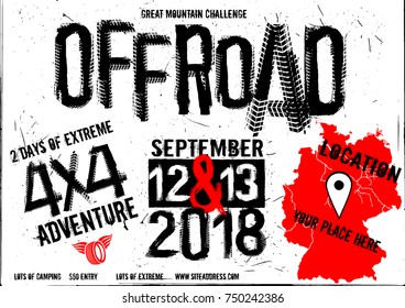 Off-road event vector poster. Beautiful illustration in modern style with hand drawn grunge lettering. Landscape layout in white, black and red colors useful for leaflet, placard or print design.