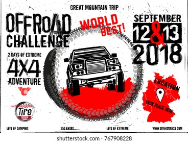 Off-road event vector poster. Beautiful illustration in modern style with hand drawn grunge lettering. Landscape layout in white, black and red colors useful for leaflet, placard or print design.