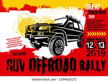 Off-road event vector poster. Landscape illustration in grunge style with unique lettering. Portrait layout in black, yellow, white, red colours useful for placard or print design. Automotive concept.