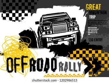 Off-road event vector poster. Landscape illustration in grunge style with hand drawn lettering. Portrait layout in black, yellow, white colours useful for placard or print design. Automotive concept.