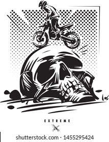 Off-Road extreme adventure. Brave motorcycle racer. Monochrome vector illustration