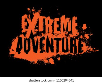 Off-Road EXTREME ADVENTURE hand drawn grunge lettering isolated on a black background. Tire tracks word made from unique letters. Editable vector illustration in bright orange color.