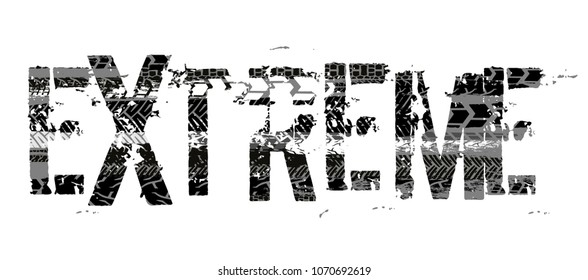 Off-Road extreme hand drawn grunge lettering. Tire tracks word made from unique letters. Beautiful vector illustration. Editable graphic element in white, grey and black colours.