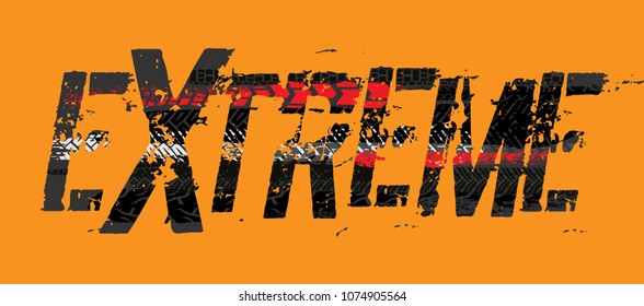 Off-Road extreme hand drawn grunge lettering. Tire tracks word made from unique letters. Beautiful vector illustration. Editable graphic element in orange, grey and black colours.