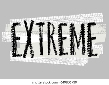 Off-Road extreme hand drawn grunge lettering. Tire tracks words made from unique letters. Beautiful vector illustration. Editable graphic element in white and black colours.