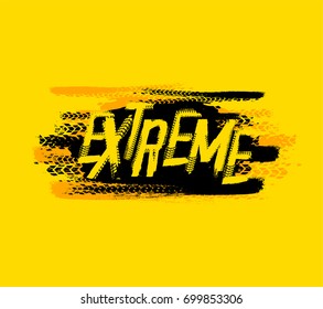 Off-Road extreme hand drawn grunge lettering on a textured background. Tire tracks words made from unique letters. Beautiful vector illustration. Editable graphic element in yellow and black colours.