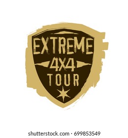 Off-Road extreme hand drawn grunge emblem with textured elements. Tire tracks words made from unique letters. Beautiful vector illustration. Editable logotype in brown and beige colours.