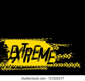 Tout au long de la route, lettrage grunge dessiné à la main sur fond texturé. Pneu suit les mots à partir de lettres uniques. Belle illustration vectorielle. Élément graphique modifiable en couleurs jaune et noire.