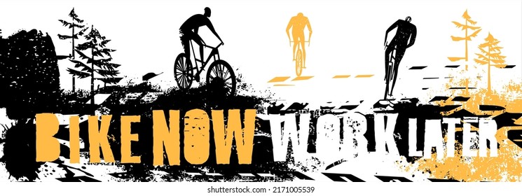 Offroad freestyle poster. Extreme bike adventure background with grunge lettering. Bike now work later. Vector illustration in black, yellow color useful for advert, print, leaflet design