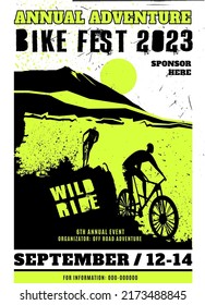 Offroad Freestyle Poster. Extreme Bike Adventure Background With Grunge Lettering. Just Enjoy The Ride. Vector Illustration In Black, Green Color Useful For Advert, Print, Leaflet, Flier Design