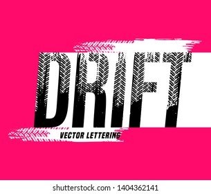 Off-Road grunge drift lettering. Tire tracks words made from unique letters. Beautiful vector illustration. Editable graphic element in white, black colours isolated on bright pink background. 