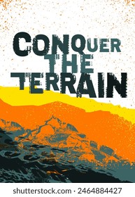 Offroad grunge lettering. Conquer the terrain. Tire track words made from unique letters. Vector illustration. Graphic element in dark blue, orange, yellow color on a white background.