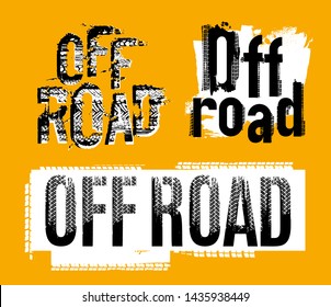 Off-road grunge lettering set. Tire track words made from unique letters. Beautiful vector illustration. Editable graphic elements in black, white, grey colors isolated on orange background.