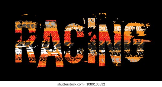 Off-Road grunge moto lettering. Stamp tire word made from unique letters.  Vector illustration useful for poster, print, leaflet design. Editable graphic element in orange, yellow and black colors.