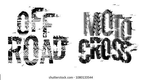 Off-Road grunge moto lettering. Stamp tire word made from unique letters.  Vector illustration useful for poster, print and leaflet design. Editable graphic element in grey colours.