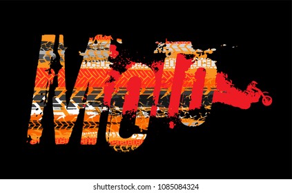 Off-Road grunge moto lettering. Stamp tire word made from unique letters.  Vector illustration useful for poster, print, leaflet design. Editable graphic element in orange, yellow and black colors.