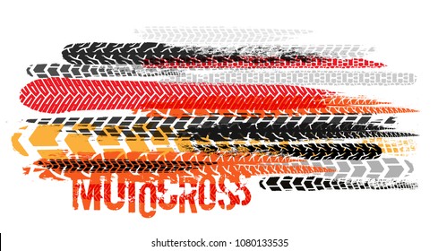 Off-Road grunge motocross background with tire tracks imprints. Vector illustration useful for poster, print and leaflet design. Editable graphic element in grey, orange, yellow and red colors.