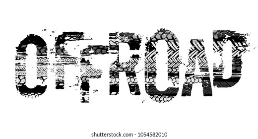 Off-Road grunge tyre lettering. Stamp tire word made from unique letters. Vector illustration useful for poster, print and leaflet design. Editable graphic element in grey colours.
