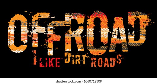 Off-Road grunge tyre lettering. Stamp tire word made from unique letters.  Vector illustration useful for poster, print, leaflet design. Editable graphic element in orange, yellow and black colors.