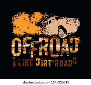 Off-Road grunge tyre lettering. Stamp tire word made from unique letters.  Vector illustration useful for poster, print, leaflet design. Editable graphic element in orange, brown and black colors.