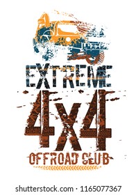 Off-Road grunge tyre lettering. Stamp tire word made from unique letters. Vector illustration useful for poster, print, logotype design. Editable graphic element in blue, brown and yellow colors.