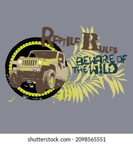 Off-Road grunge tyre lettering. Stamp tire word made from unique letters. Vector illustration useful for poster, print, logotype design. Editable graphic element in blue, brown and yellow colors.