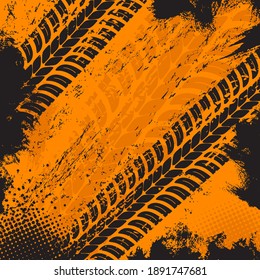 Offroad grunge tyre prints, vector grungy orange abstract pattern on black background. Auto rally or motocross dirty tires print, off road trails texture for racing tournament or garage service design