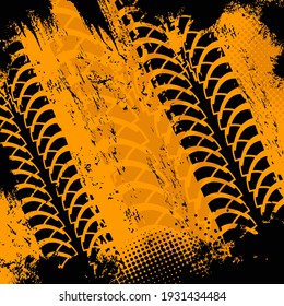 Offroad Grunge Tyre Prints, Vector Grungy Orange Abstract Pattern On Black Background. Auto Rally Or Motocross Dirty Tires Print, Off Road Trails Texture For Racing Tournament Or Garage Service Design