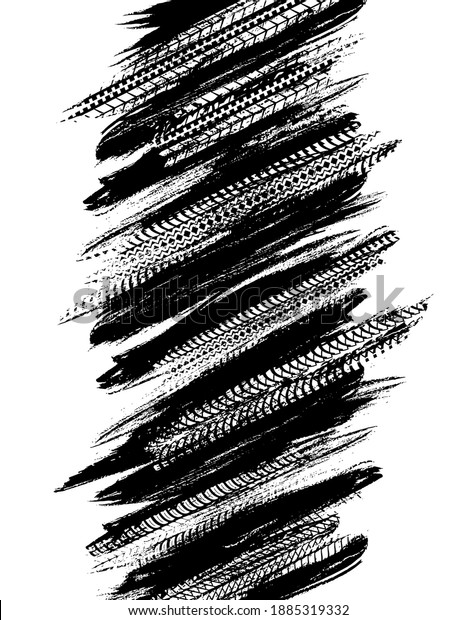 Offroad grunge tyre prints, vector abstract black\
pattern on white background. Rally, motocross dirty tires print,\
off road grungy trails texture for automobile service or racing\
tournament design