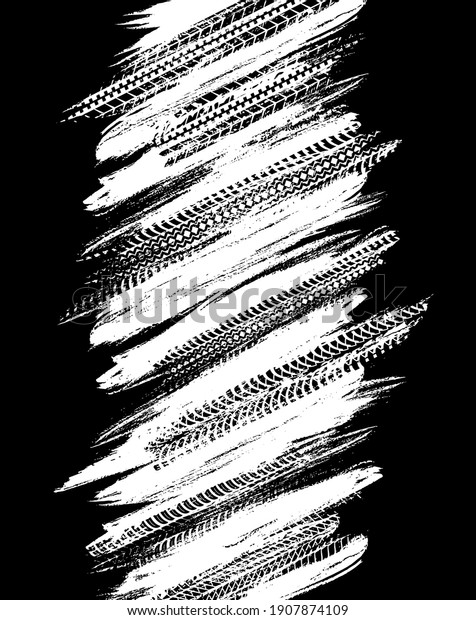 Offroad grunge tyre prints, vector abstract white\
pattern on black background. Rally, motocross dirty tires print,\
off road grungy trails texture for automobile service or racing\
tournament design