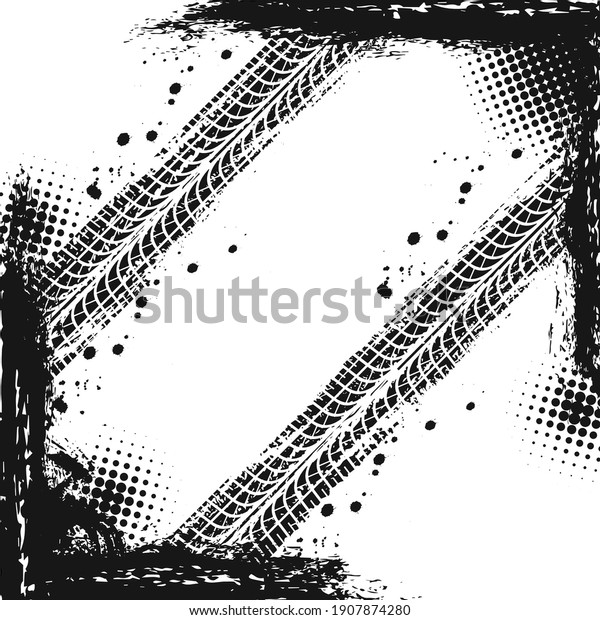 Offroad grunge tyre prints, vector grungy abstract\
black pattern on white background. Auto rally or motocross dirty\
tires print, off road trails texture for racing tournament or\
garage service design