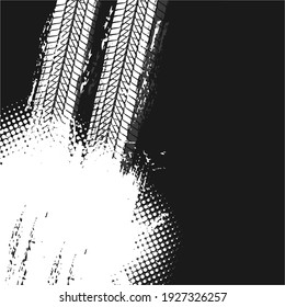 Impresiones de neumáticos vectoriales extravagantes con puntos blancos sucios sobre fondo negro. Patrón de neumáticos de Motocross, senderos de grungo de carretera con diseño texturado de manchas. Seguimiento de protección de automóviles, seguimiento de rally