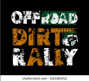 Off-Road hand drawn grunge dirt rally lettering. Tire tracks words made from unique letters. Vector illustration. Editable graphic element in white, orange, green colors isolated on black background.