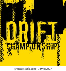 Off-Road hand drawn grunge drift lettering. Tire tracks words made from unique letters. Beautiful vector illustration. Editable graphic element in yellow and black colours. 