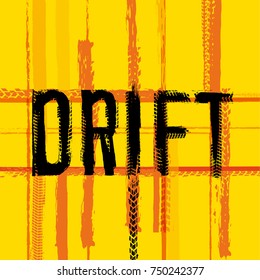 Off-Road hand drawn grunge drift lettering. Tire tracks words made from unique letters. Beautiful vector illustration. Editable graphic element in orange, yellow and black colours. 