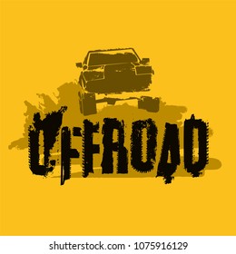 Off-Road hand drawn grunge lettering with a car image. Tire tracks words made from unique letters. Beautiful vector illustration. Editable graphic element in yellow and black colours. 
