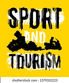 Off-Road hand drawn grunge lettering. Tire track words made from unique letters. Beautiful vector illustration. Editable graphic element in black color isolated on yellow and white background.