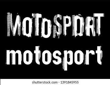 Off-Road hand drawn grunge lettering. Tire track words made from unique letters. Motosport vector illustration. Editable graphic element in white color isolated on black background.