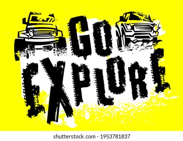 Off-Road hand drawn grunge lettering. Never stop exploring. Tire track words made from unique letters. Vector illustration in two colors. Landscape graphic element. Horizontal background.