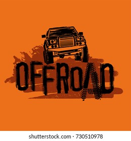 Off-Road hand drawn grunge lettering with a car image. Tire tracks words made from unique letters. Beautiful vector illustration. Editable graphic element in orange and black colours. 