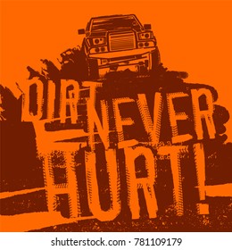 Off-Road hand drawn grunge lettering with a car image. Tire tracks words made from unique letters. Beautiful vector illustration. Editable graphic element in orange colours. 