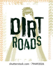 Off-Road hand drawn grunge lettering. Tire tracks words made from unique letters. Beautiful vector illustration. Editable graphic element in orange and black colours. 